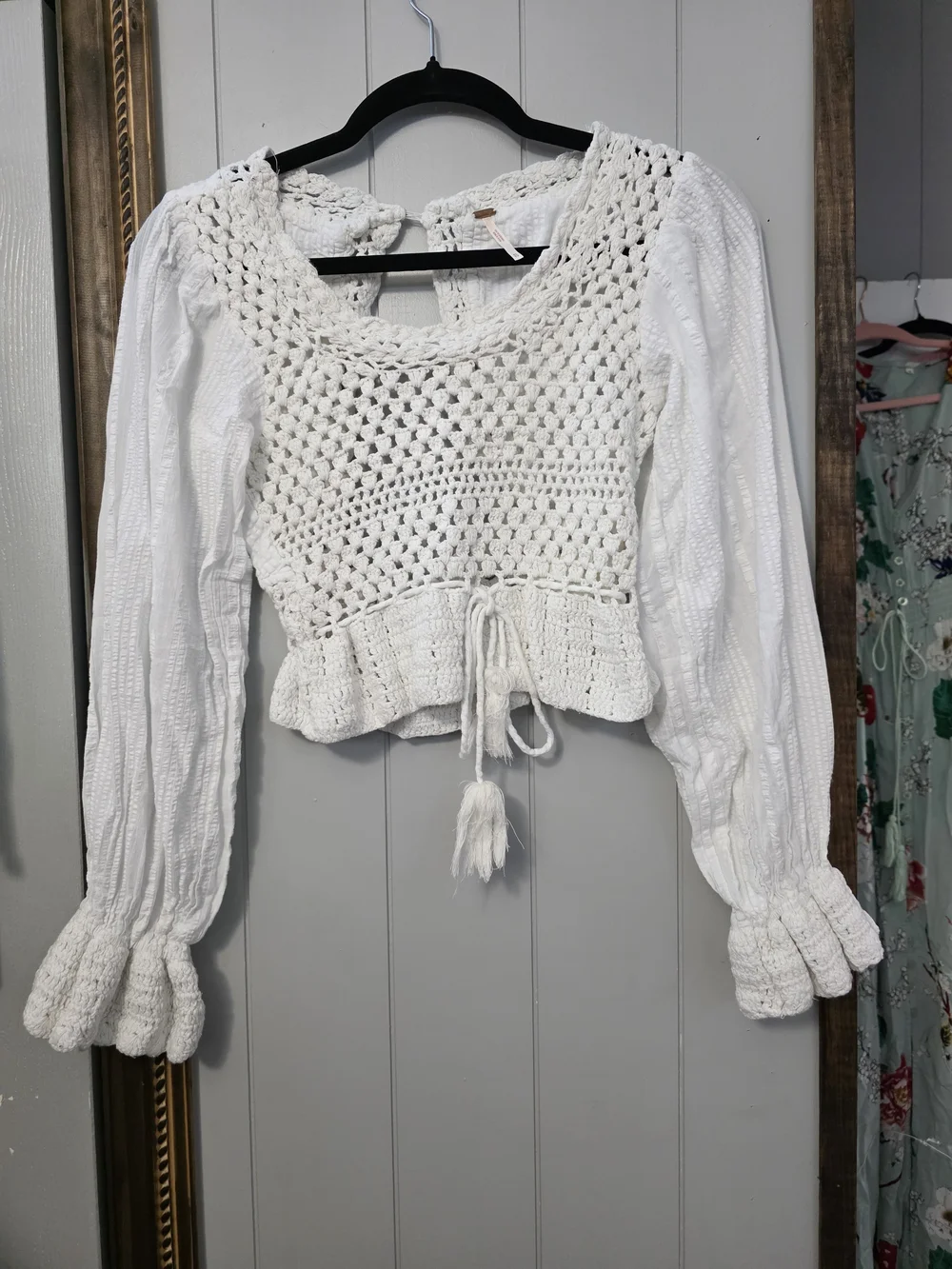 Free People White Crochet Tie-Front Crop Top